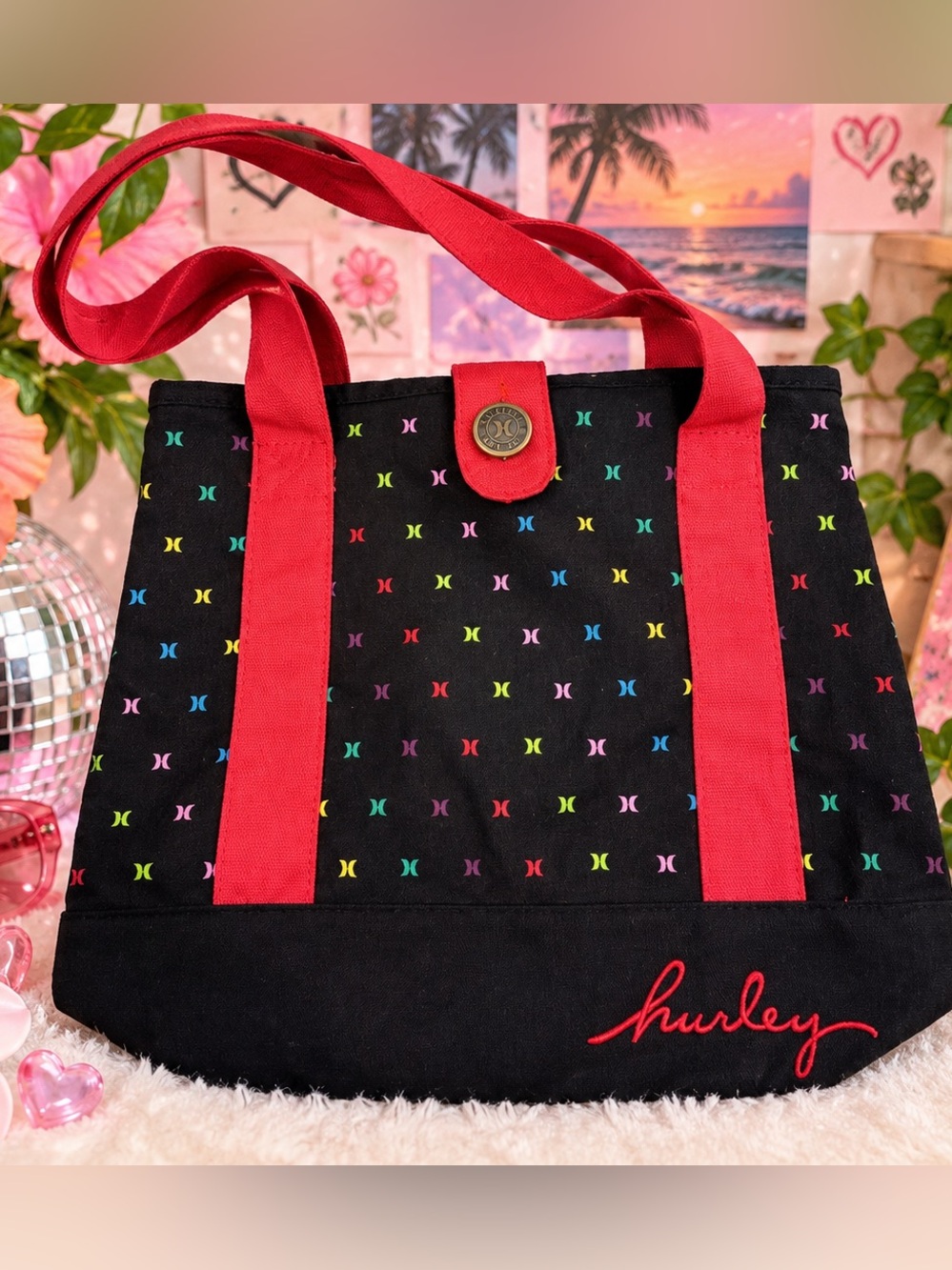 Y2K Hurley Tote Bag Black w/ Red Straps Multicolor Logo Surf Skate Emo